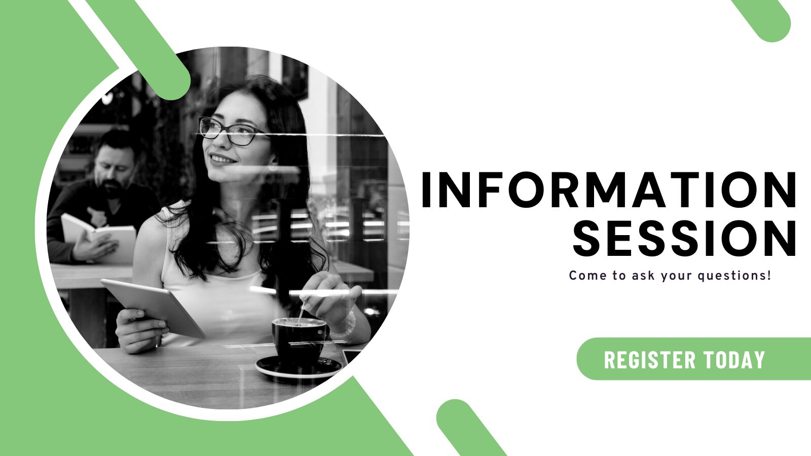 Information Session title with photo of person sitting with a laptop computer and a coffee. A register now button.
